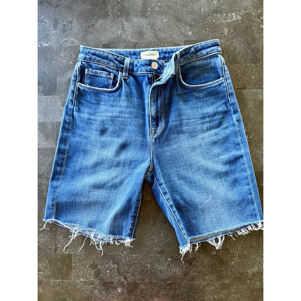 L'AGENCE High Rise Raw Hem Denim Bermuda Shorts Medium Wash Blue Size 27
